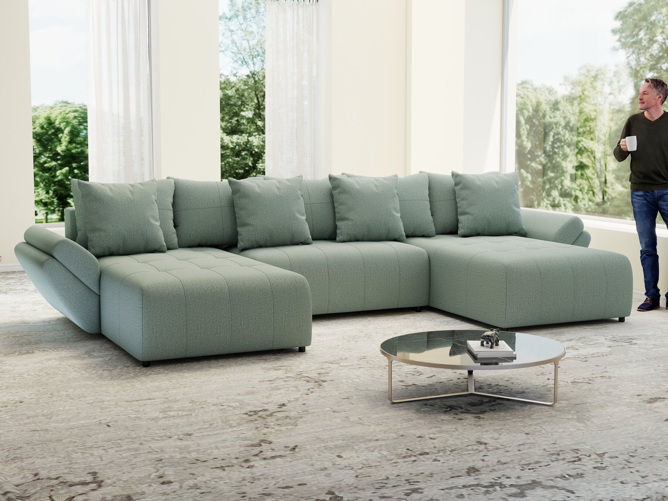 Colțar extensibil dumonde cu ladă de depozitare si sezut confortabil din spuma high-density, Berlin U Enjoy Mint 380x180 cm