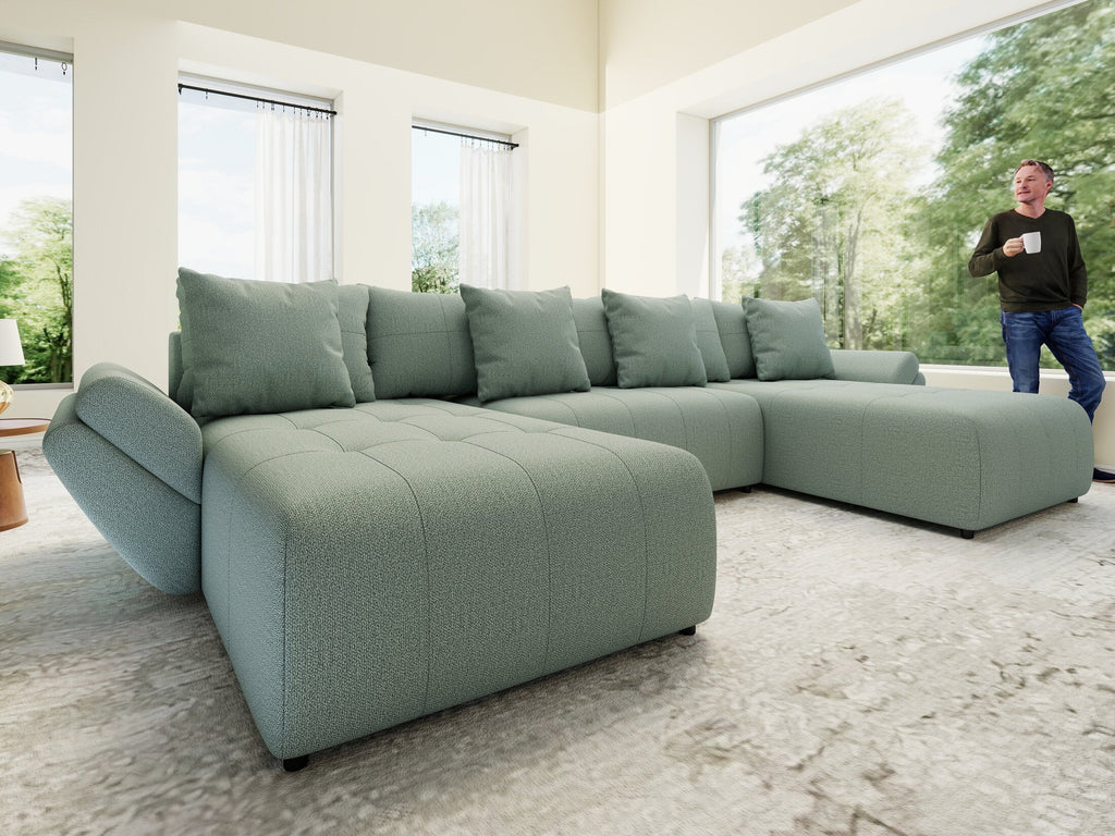 Colțar extensibil dumonde cu ladă de depozitare si sezut confortabil din spuma high-density, Berlin U Enjoy Mint 380x180 cm