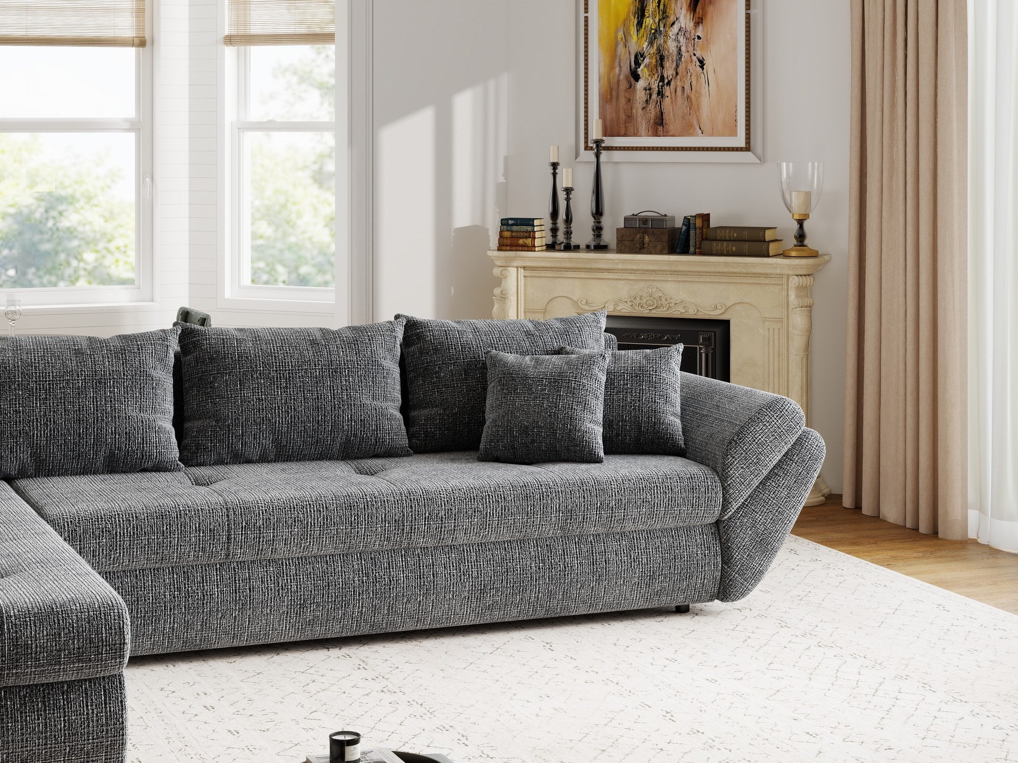Colțar extensibil dumonde cu ladă de depozitare si sezut confortabil din spuma high-density, Loana XL Cremona Gri 335x185 cm