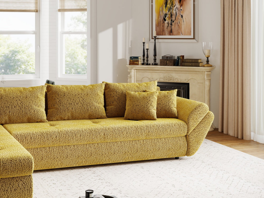 Colțar extensibil dumonde cu ladă de depozitare si sezut confortabil din spuma high-density, Loana XL Jaguar Galben Mustar 335x185 cm