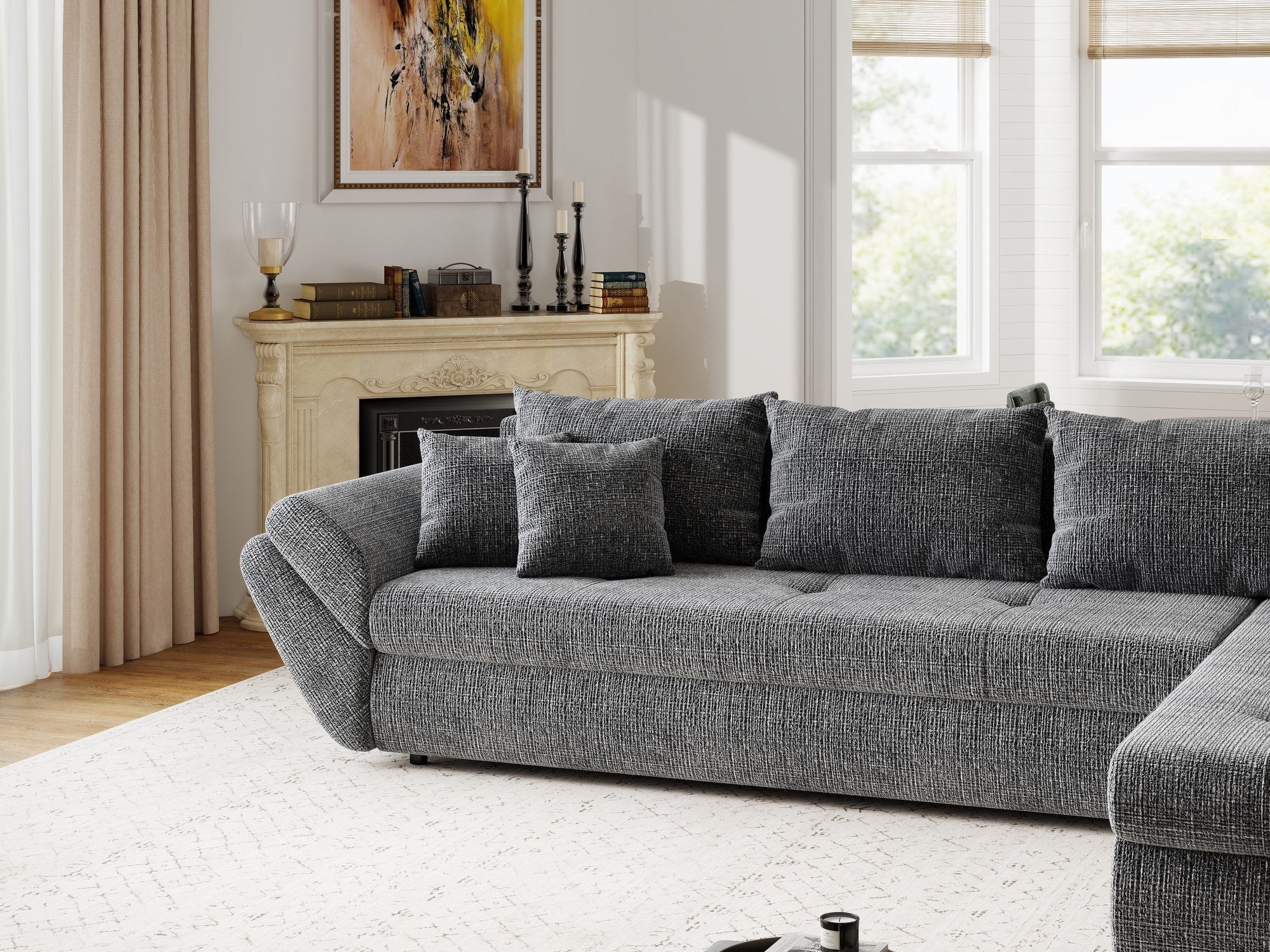 Colțar extensibil dumonde cu ladă de depozitare si sezut confortabil din spuma high-density, Loana XL Cremona Gri II 335x185 cm