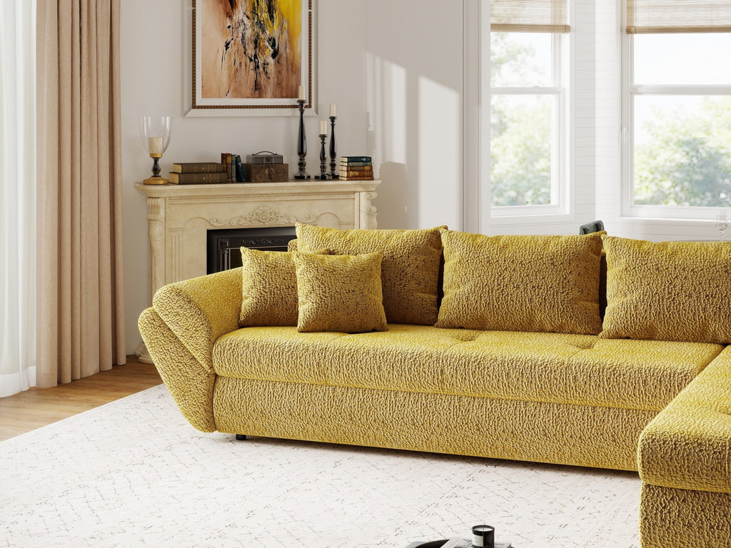 Colțar extensibil dumonde cu ladă de depozitare si sezut confortabil din spuma high-density, Loana XL Jaguar Galben Mustar II 335x185 cm