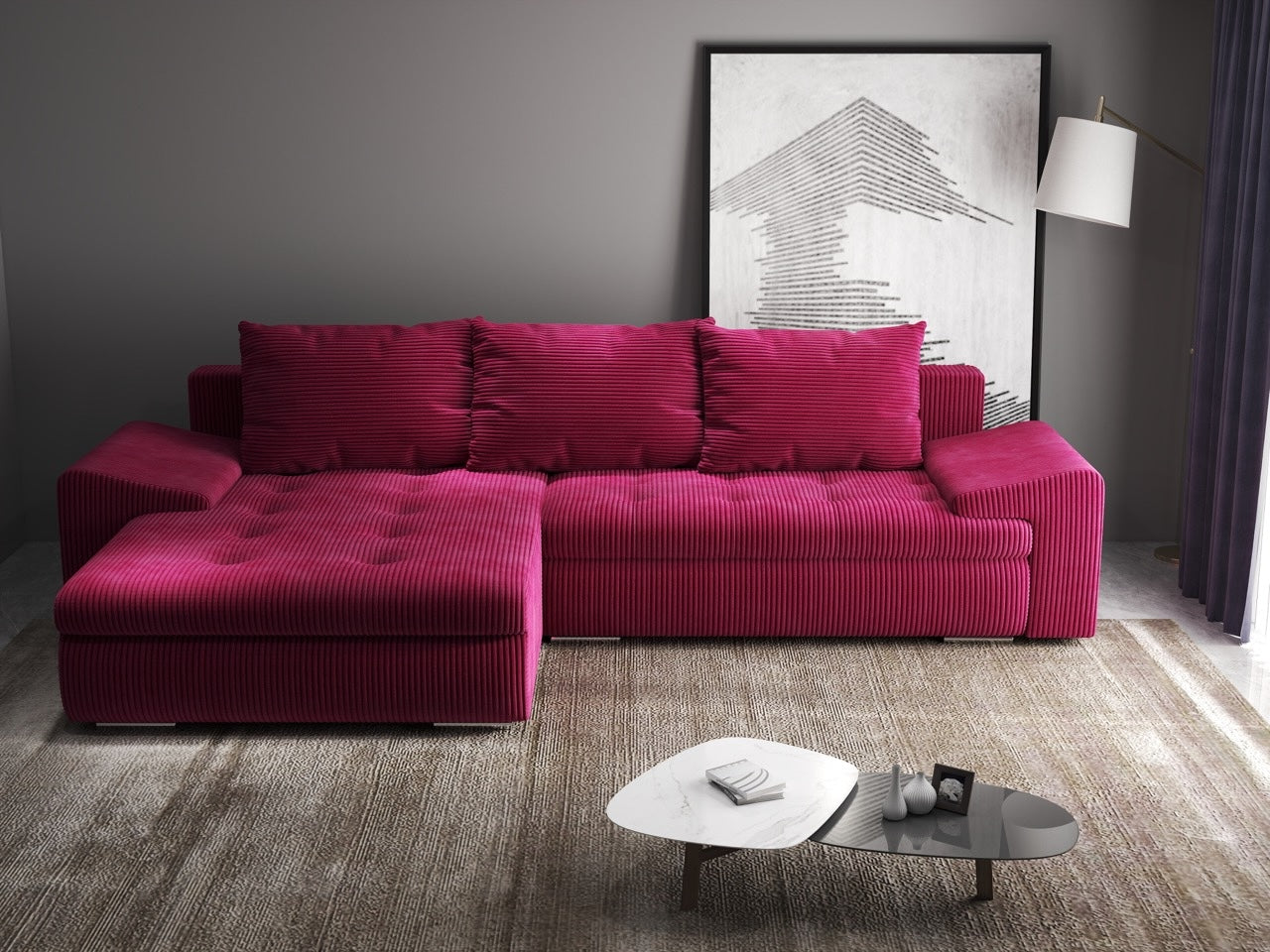Colțar extensibil dumonde cu ladă de depozitare si sezut confortabil din spuma high-density, Leonardo Zoom Rosu 260x185 cm