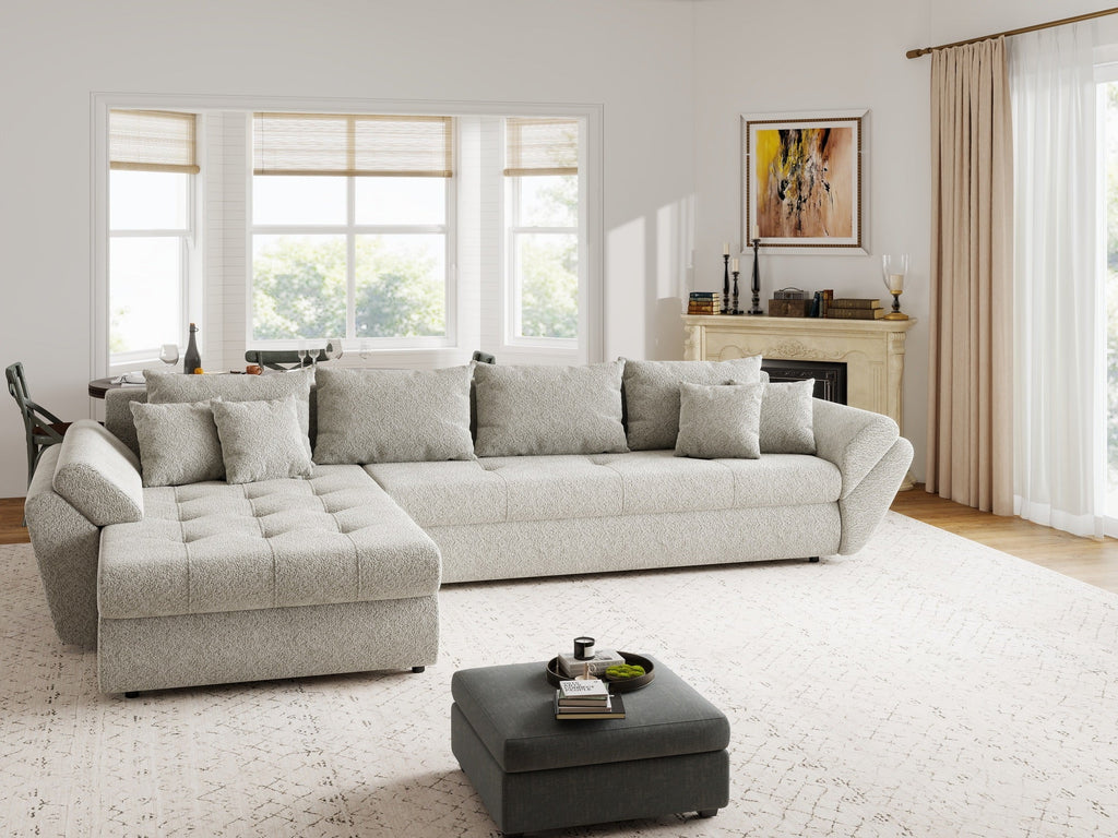 Colțar extensibil dumonde cu ladă de depozitare si sezut confortabil din spuma high-density, Loana XL Arena Bej 20 335x185 cm