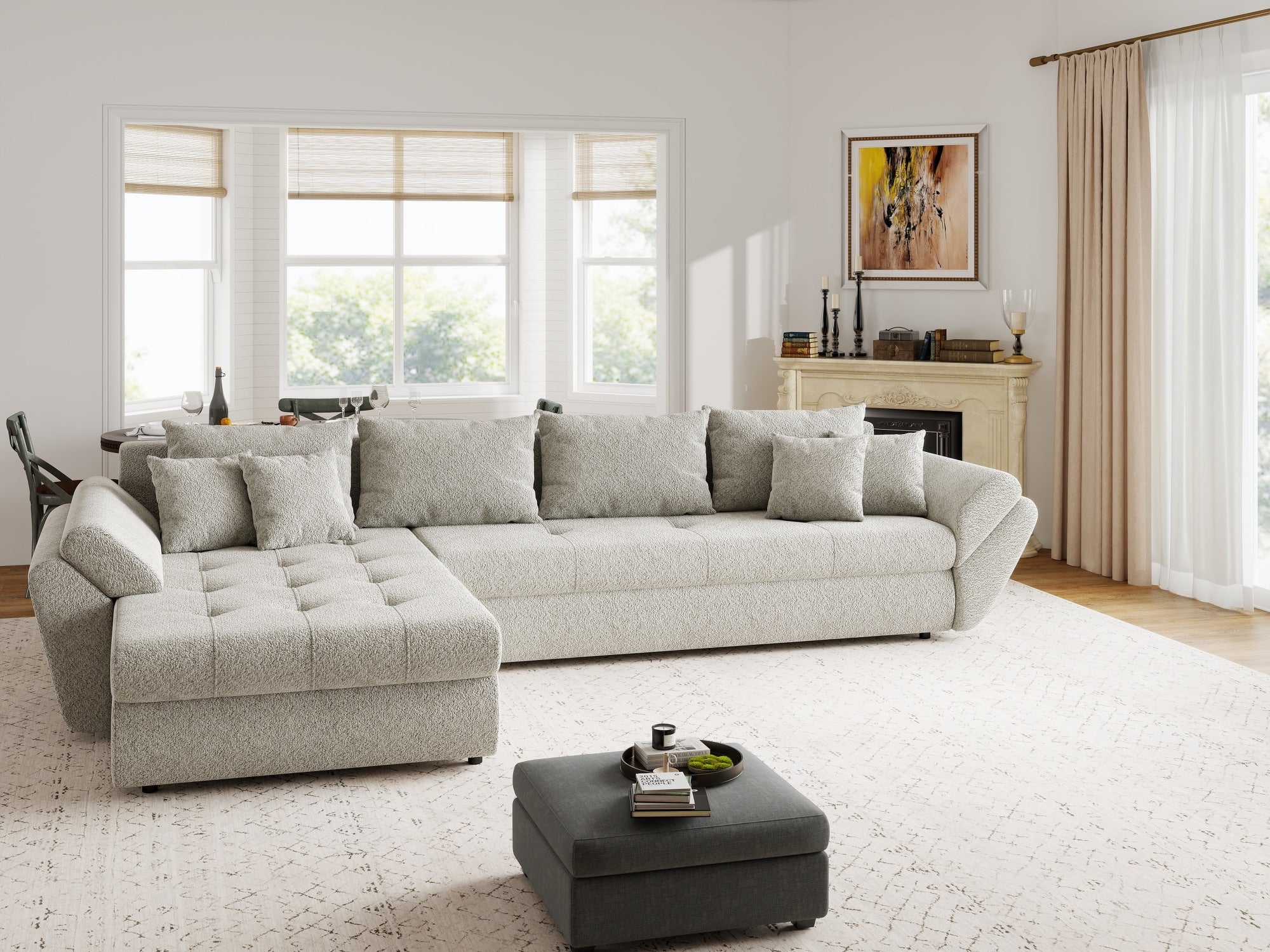Colțar extensibil dumonde cu ladă de depozitare si sezut confortabil din spuma high-density, Loana XL Arena Bej 20 335x185 cm