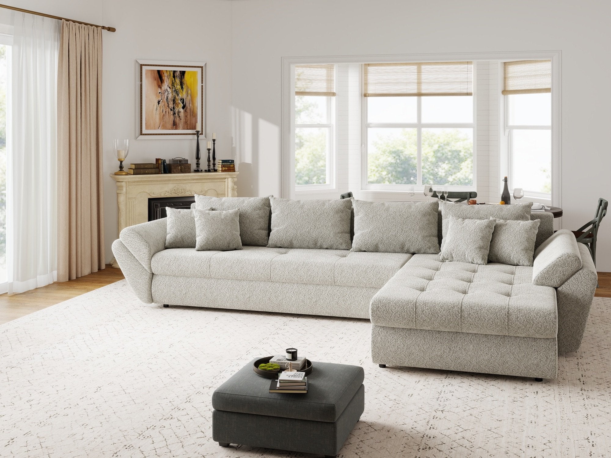 Colțar extensibil dumonde cu ladă de depozitare si sezut confortabil din spuma high-density, Loana XL Arena Bej 20 II 335x185 cm