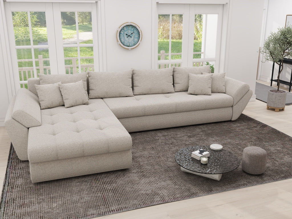 Colțar extensibil dumonde cu ladă de depozitare si sezut confortabil din spuma high-density, Loana XL Monte Bej 335x185 cm
