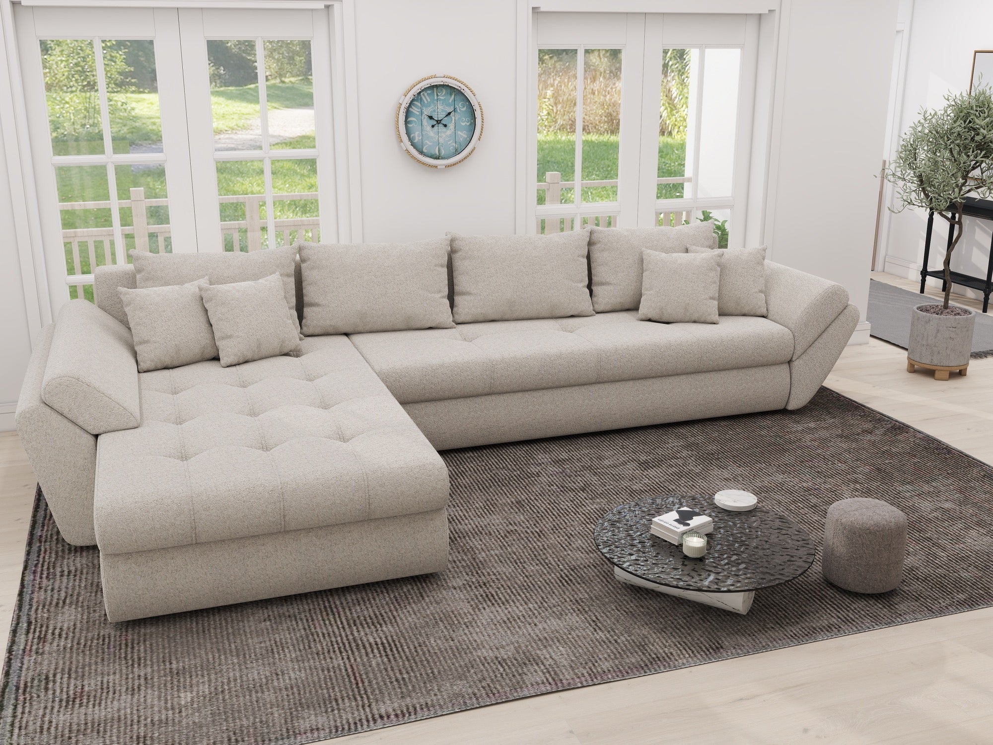 Colțar extensibil dumonde cu ladă de depozitare si sezut confortabil din spuma high-density, Loana XL Monte Bej 335x185 cm