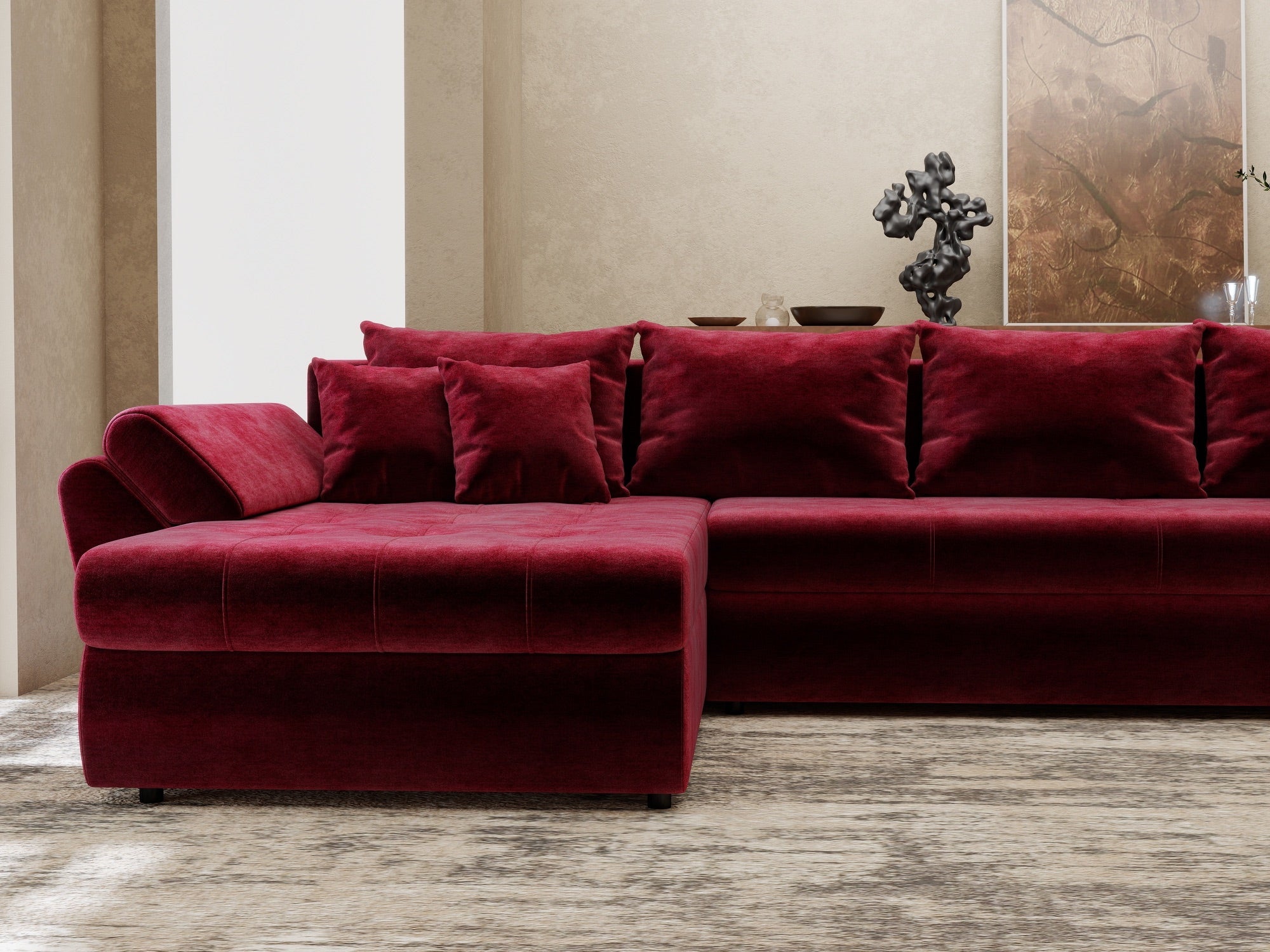 Colțar extensibil dumonde cu ladă de depozitare si sezut confortabil din spuma high-density, Loana XL Monolith Rosu 335x185 cm