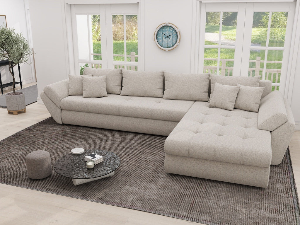 Colțar extensibil dumonde cu ladă de depozitare si sezut confortabil din spuma high-density, Loana XL Monte Bej II 335x185 cm