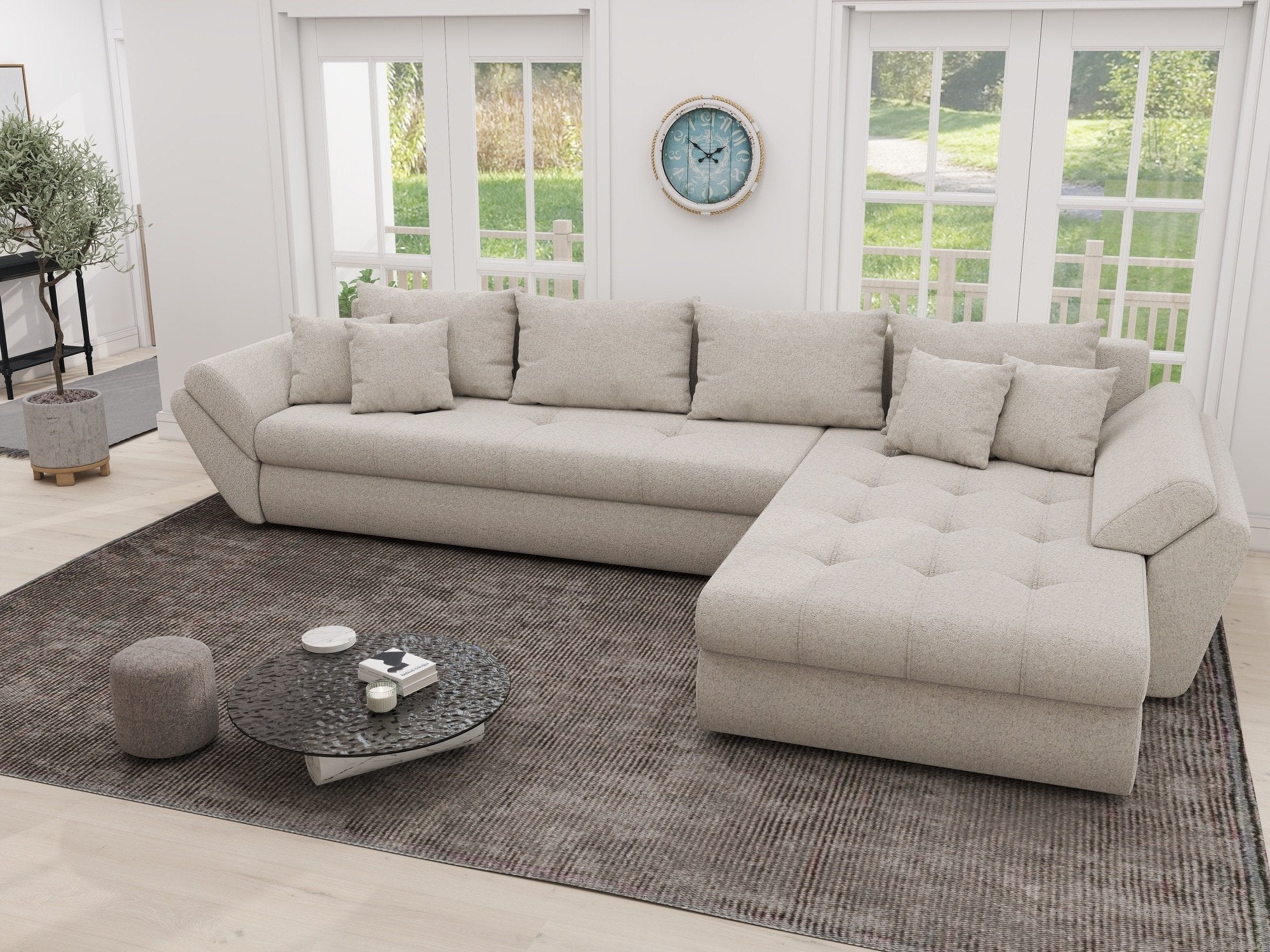 Colțar extensibil dumonde cu ladă de depozitare si sezut confortabil din spuma high-density, Loana XL Monte Bej II 335x185 cm