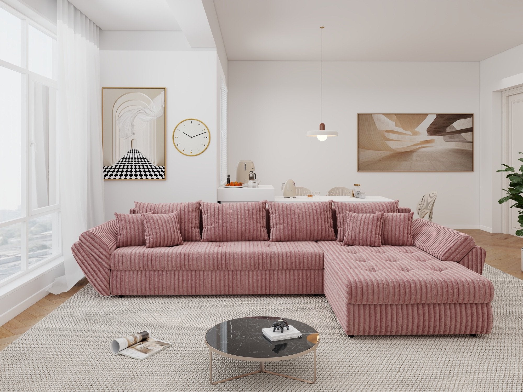 Colțar extensibil dumonde cu ladă de depozitare si sezut confortabil din spuma high-density, Loana XL Tilia Roz Pudrat II 335x185 cm