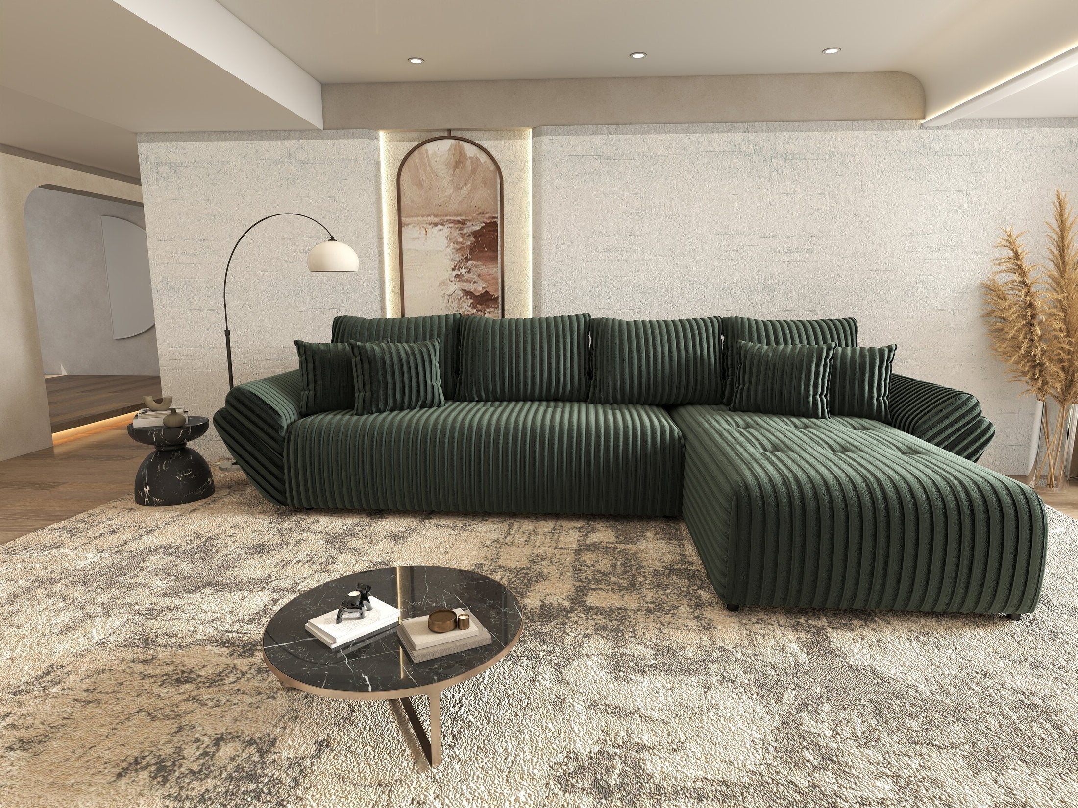 Colțar extensibil dumonde cu ladă de depozitare si sezut confortabil din spuma high-density, Berlin XL Ambience Green II 350x185 cm