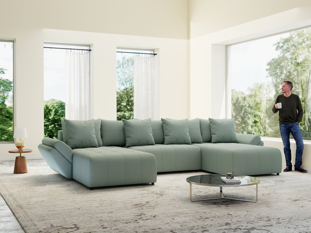 Colțar extensibil dumonde cu ladă de depozitare si sezut confortabil din spuma high-density, Berlin U Enjoy Mint 380x180 cm
