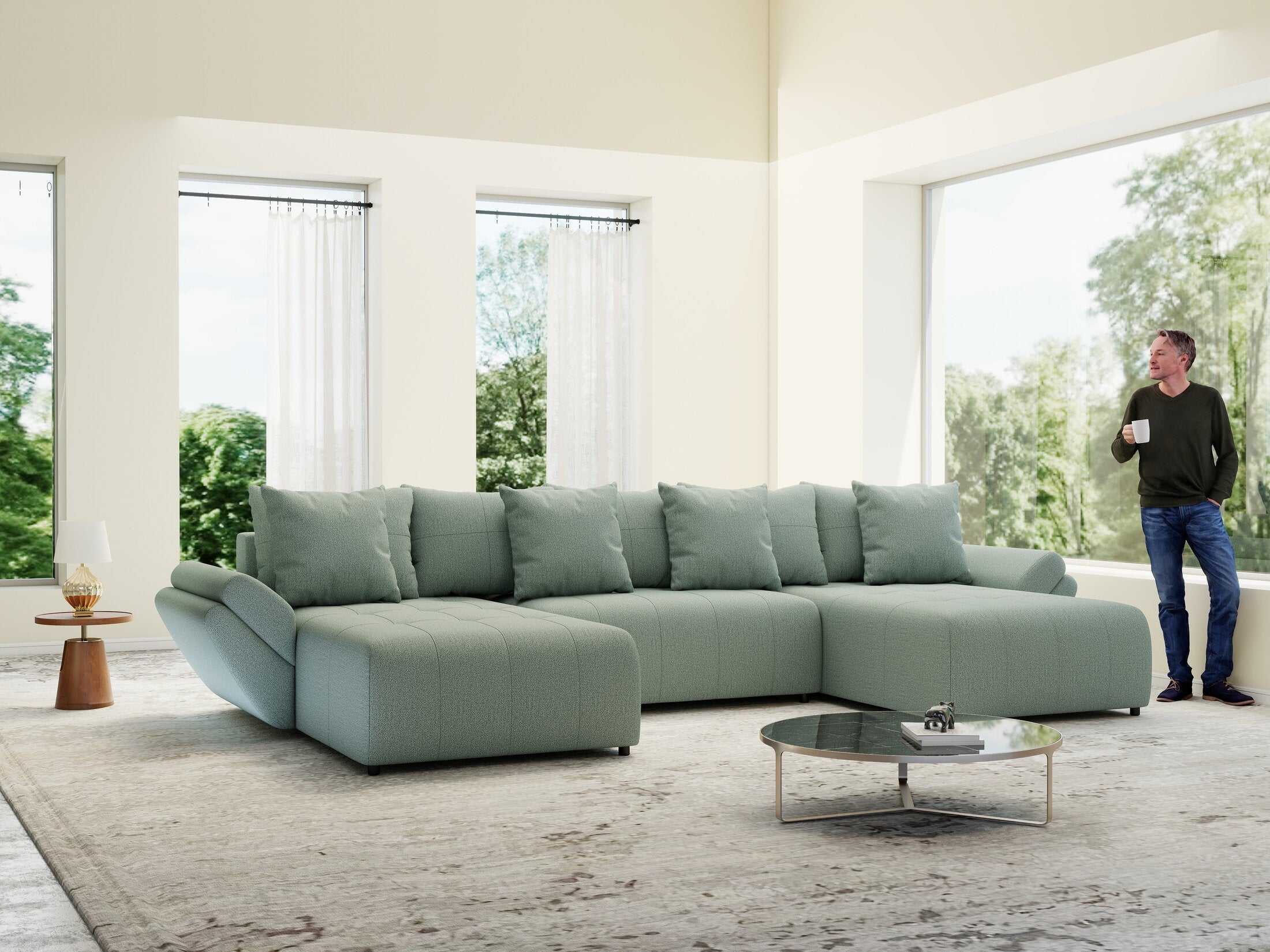 Colțar extensibil dumonde cu ladă de depozitare si sezut confortabil din spuma high-density, Berlin U Enjoy Mint 380x180 cm