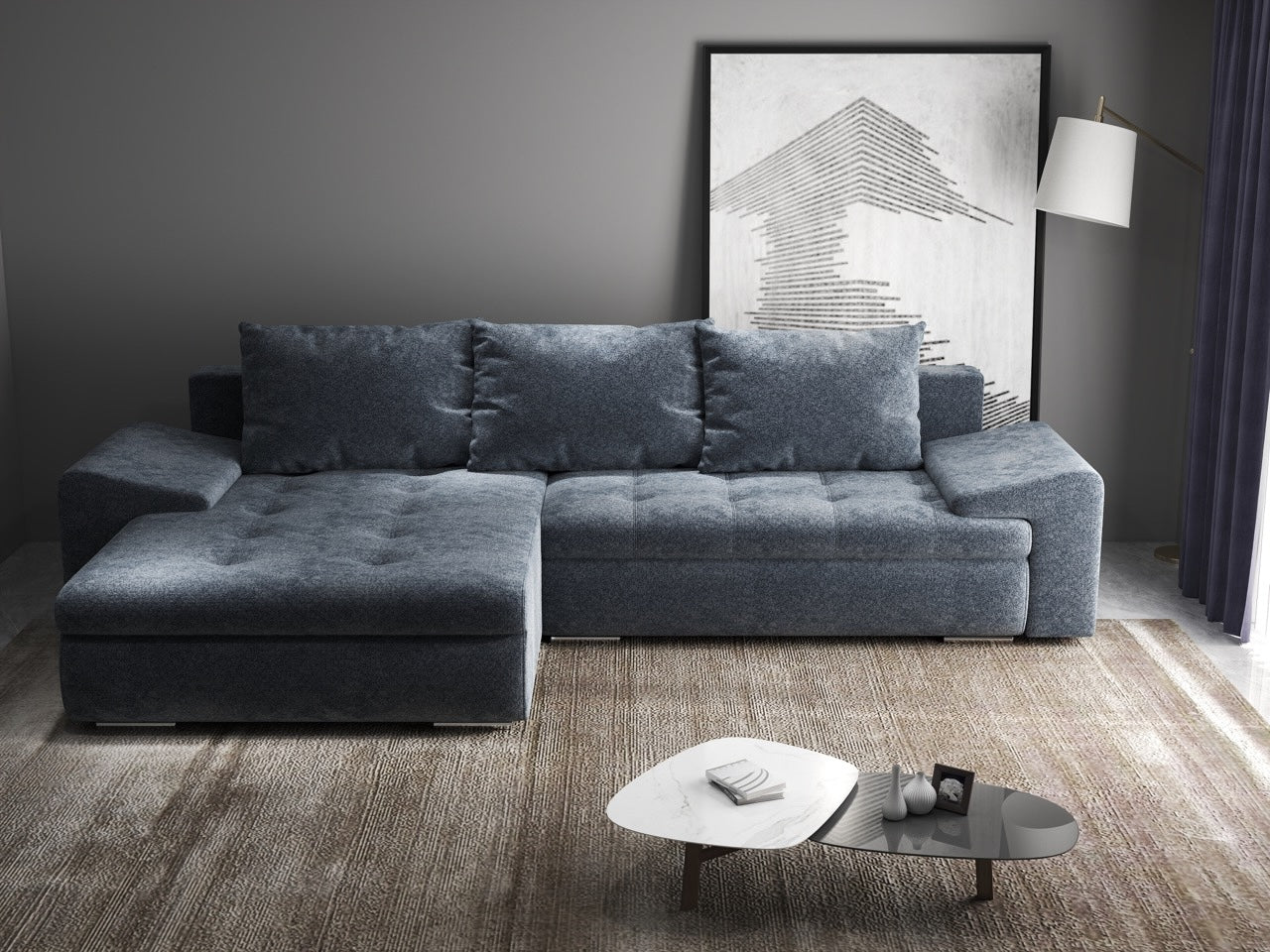 Colțar extensibil dumonde cu ladă de depozitare si sezut confortabil din spuma high-density, Leonardo Euphoria Grafit 260x185 cm