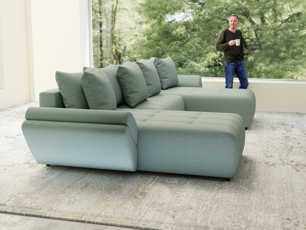 Colțar extensibil dumonde cu ladă de depozitare si sezut confortabil din spuma high-density, Berlin U Enjoy Mint 380x180 cm