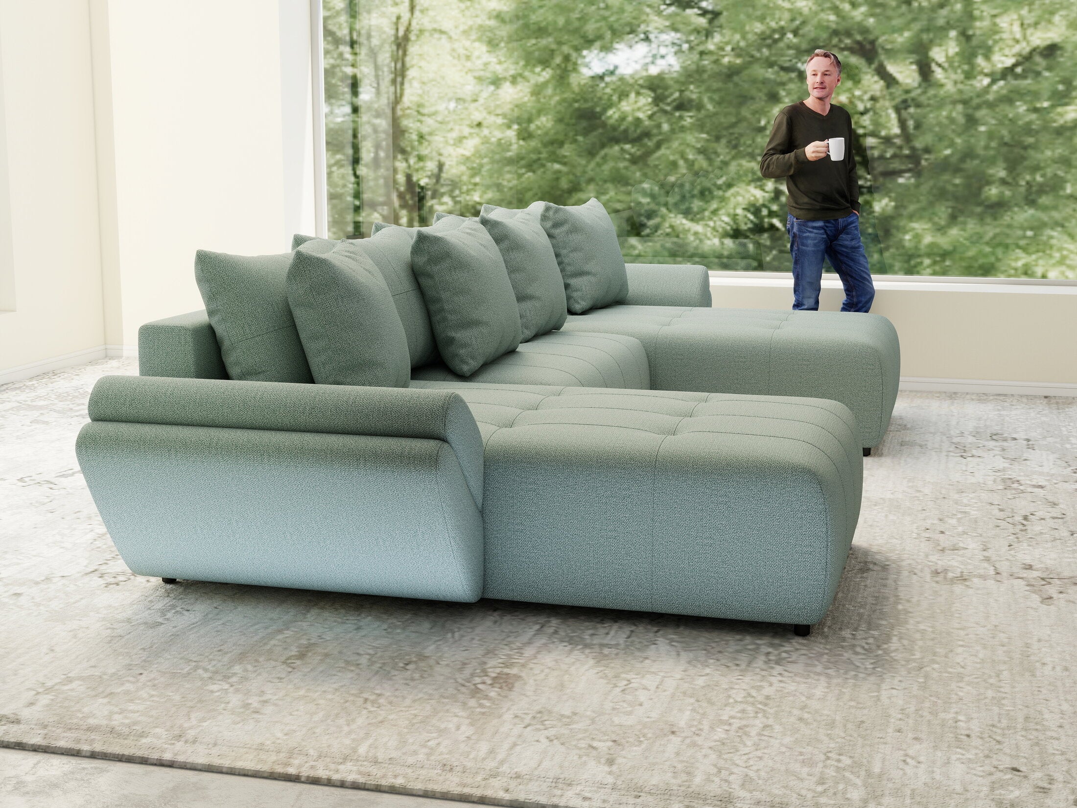 Colțar extensibil dumonde cu ladă de depozitare si sezut confortabil din spuma high-density, Berlin U Enjoy Mint 380x180 cm