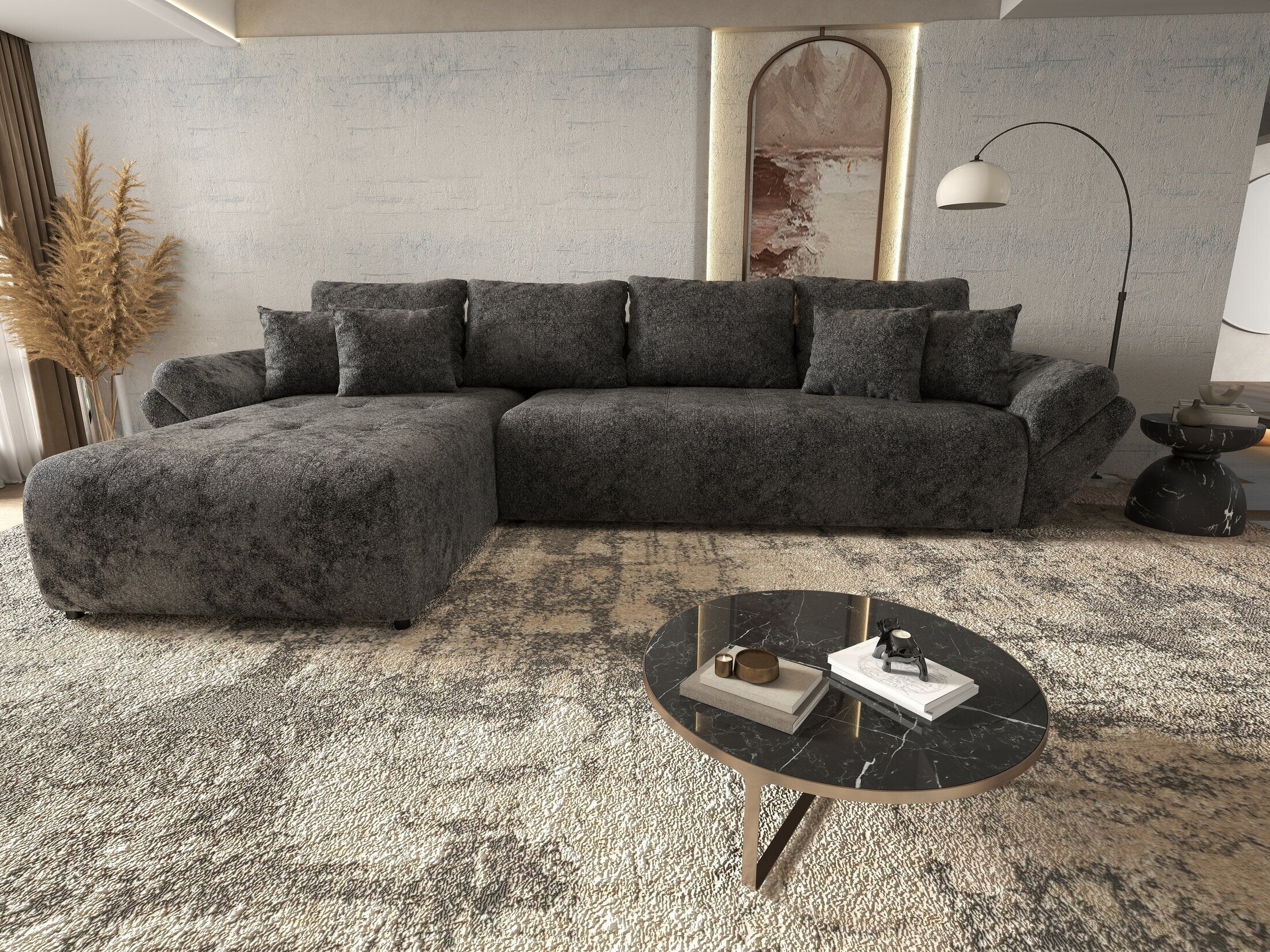 Colțar extensibil dumonde cu ladă de depozitare si sezut confortabil din spuma high-density, Berlin XL Euphoria Negru 350x185 cm