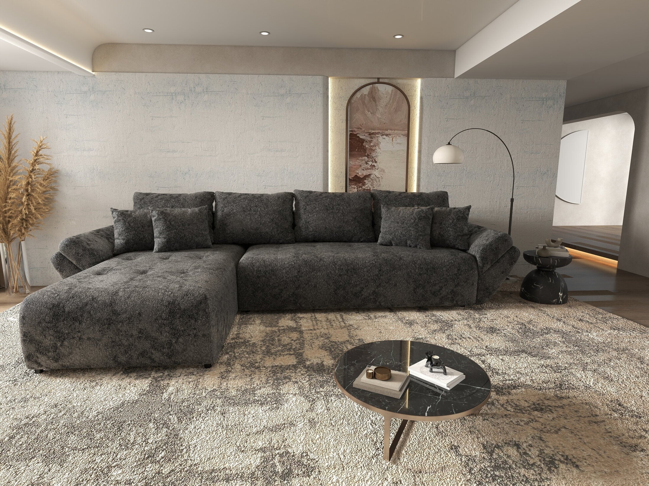 Colțar extensibil dumonde cu ladă de depozitare si sezut confortabil din spuma high-density, Berlin XL Euphoria Negru 350x185 cm