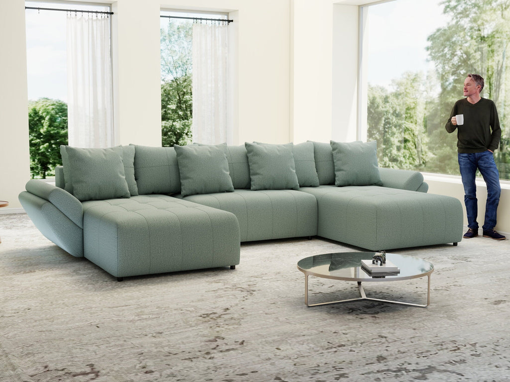 Colțar extensibil dumonde cu ladă de depozitare si sezut confortabil din spuma high-density, Berlin U Enjoy Mint 380x180 cm
