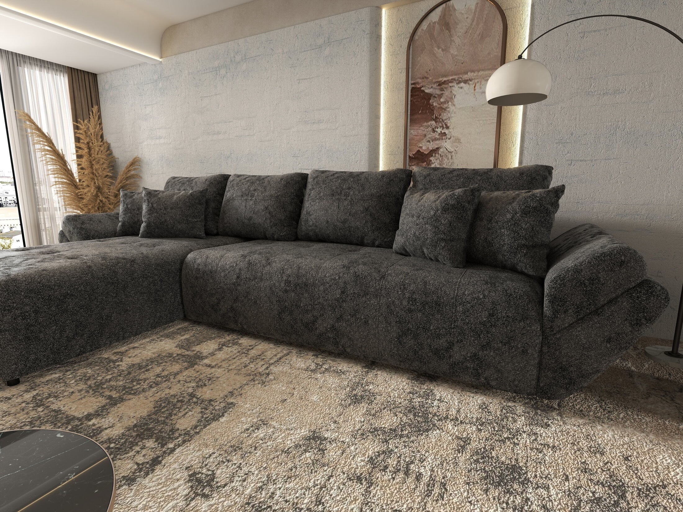 Colțar extensibil dumonde cu ladă de depozitare si sezut confortabil din spuma high-density, Berlin XL Euphoria Negru 350x185 cm