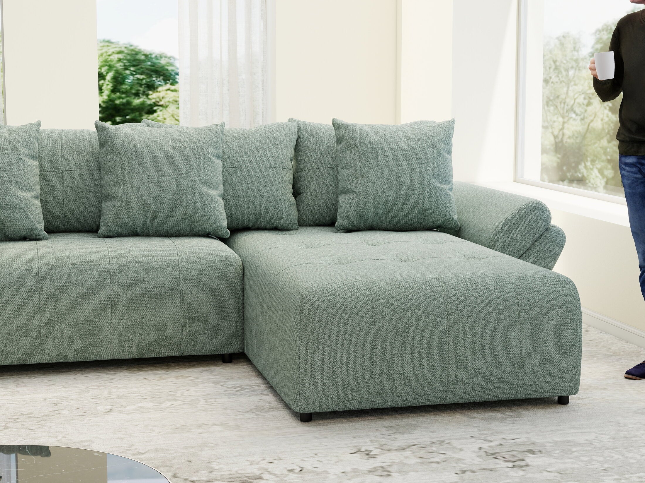 Colțar extensibil dumonde cu ladă de depozitare si sezut confortabil din spuma high-density, Berlin U Enjoy Mint 380x180 cm
