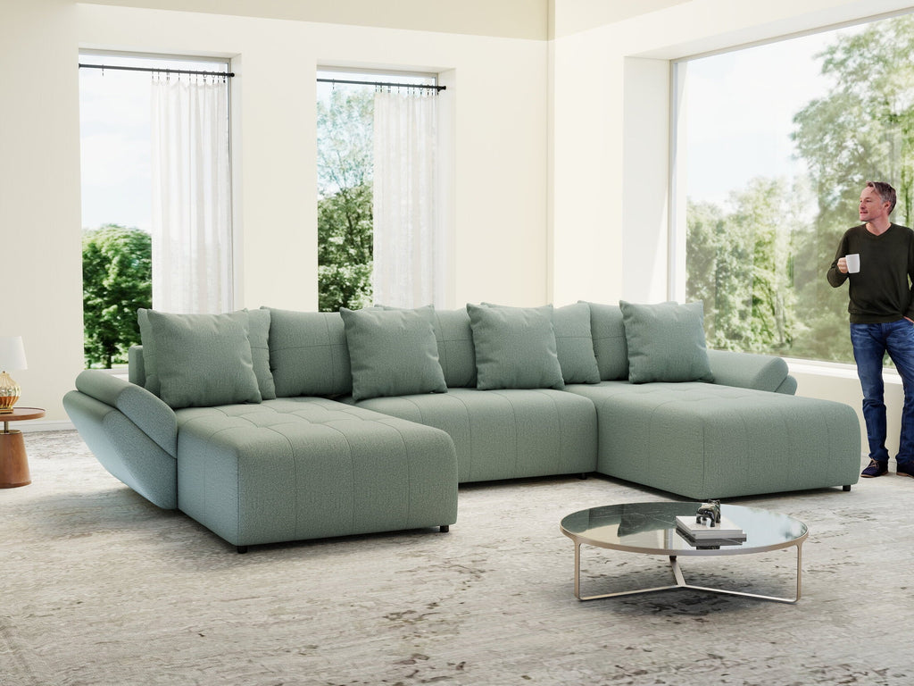 Colțar extensibil dumonde cu ladă de depozitare si sezut confortabil din spuma high-density, Berlin U Enjoy Mint 380x180 cm
