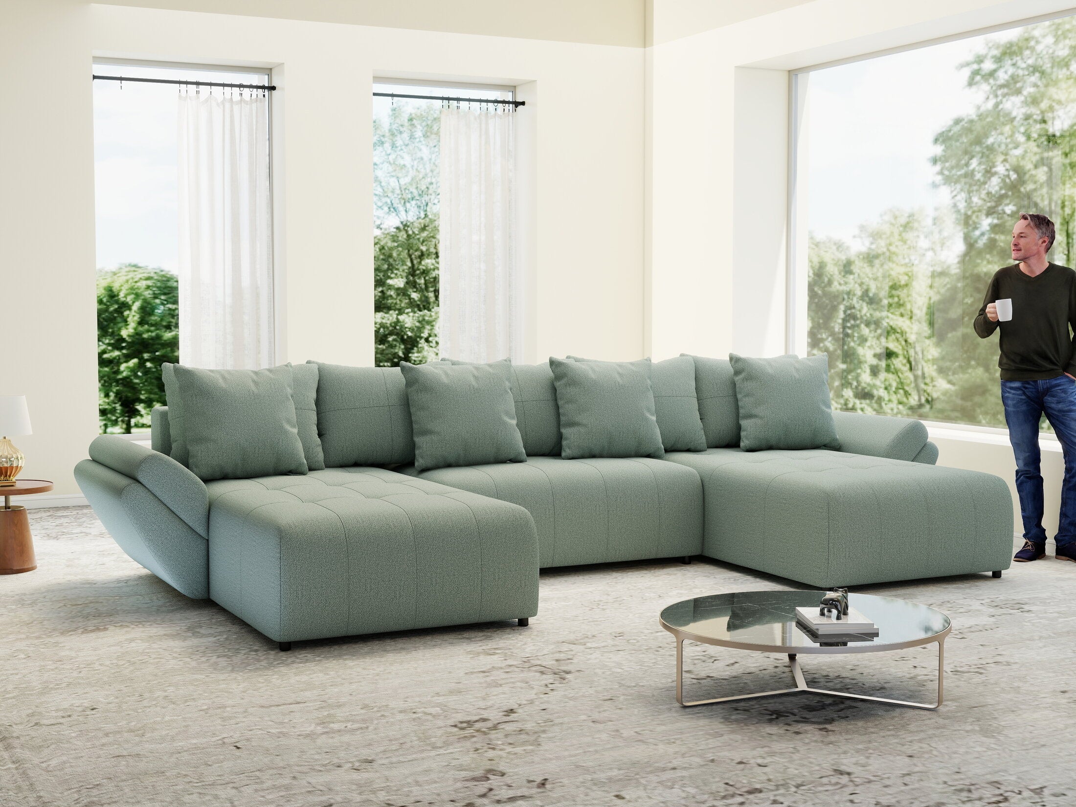 Colțar extensibil dumonde cu ladă de depozitare si sezut confortabil din spuma high-density, Berlin U Enjoy Mint 380x180 cm