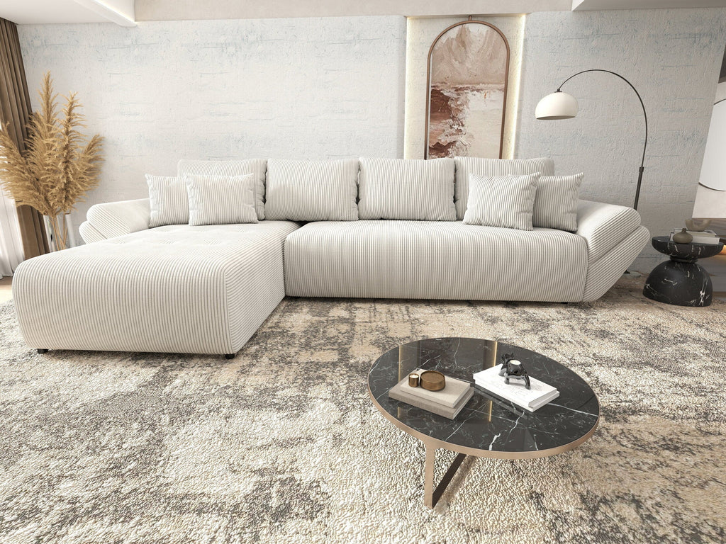 Colțar extensibil dumonde cu ladă de depozitare si sezut confortabil din spuma high-density, Berlin XL Zoom Crem 350x185 cm
