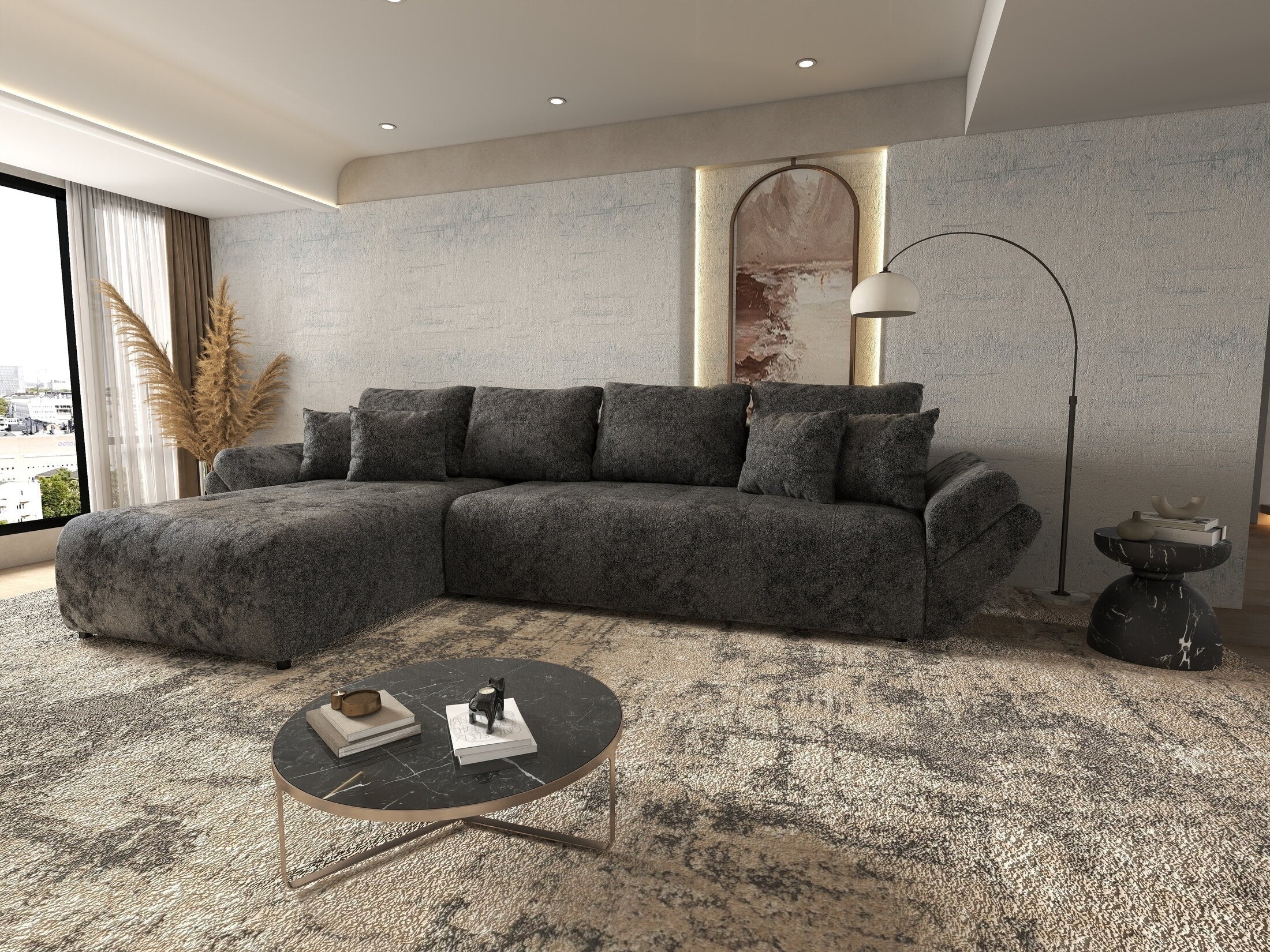 Colțar extensibil dumonde cu ladă de depozitare si sezut confortabil din spuma high-density, Berlin XL Euphoria Negru 350x185 cm