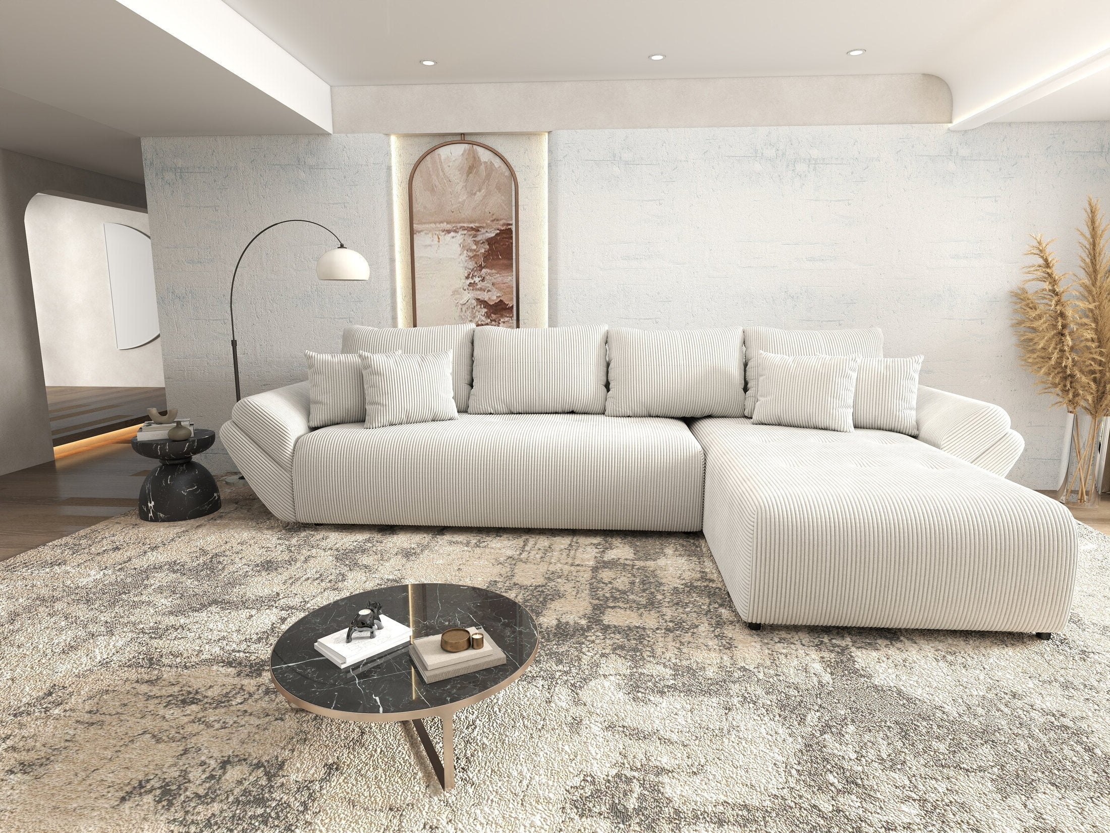 Colțar extensibil dumonde cu ladă de depozitare si sezut confortabil din spuma high-density, Berlin XL Zoom Crem 350x185 cm II