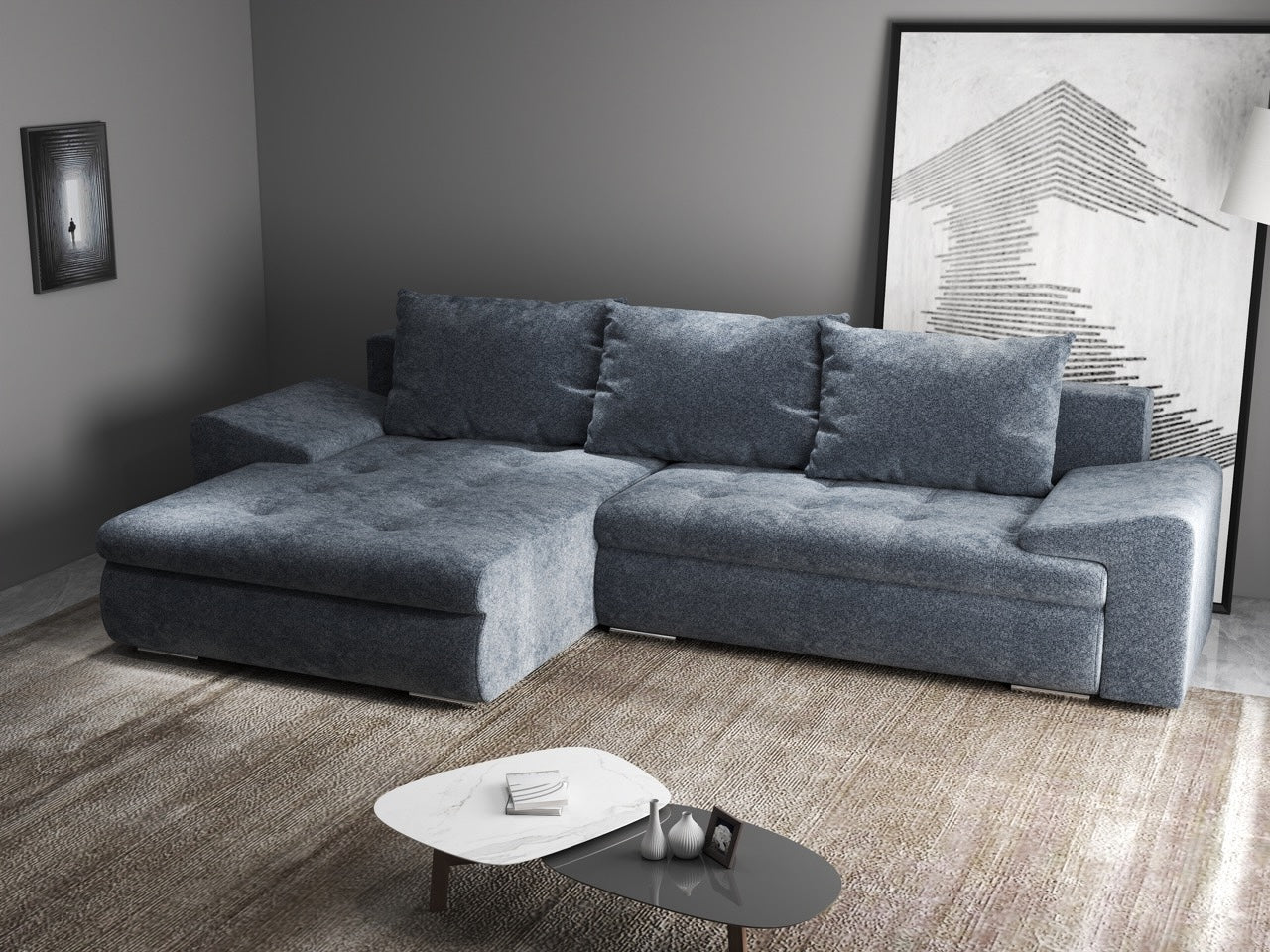 Colțar extensibil dumonde cu ladă de depozitare si sezut confortabil din spuma high-density, Leonardo Euphoria Grafit 260x185 cm