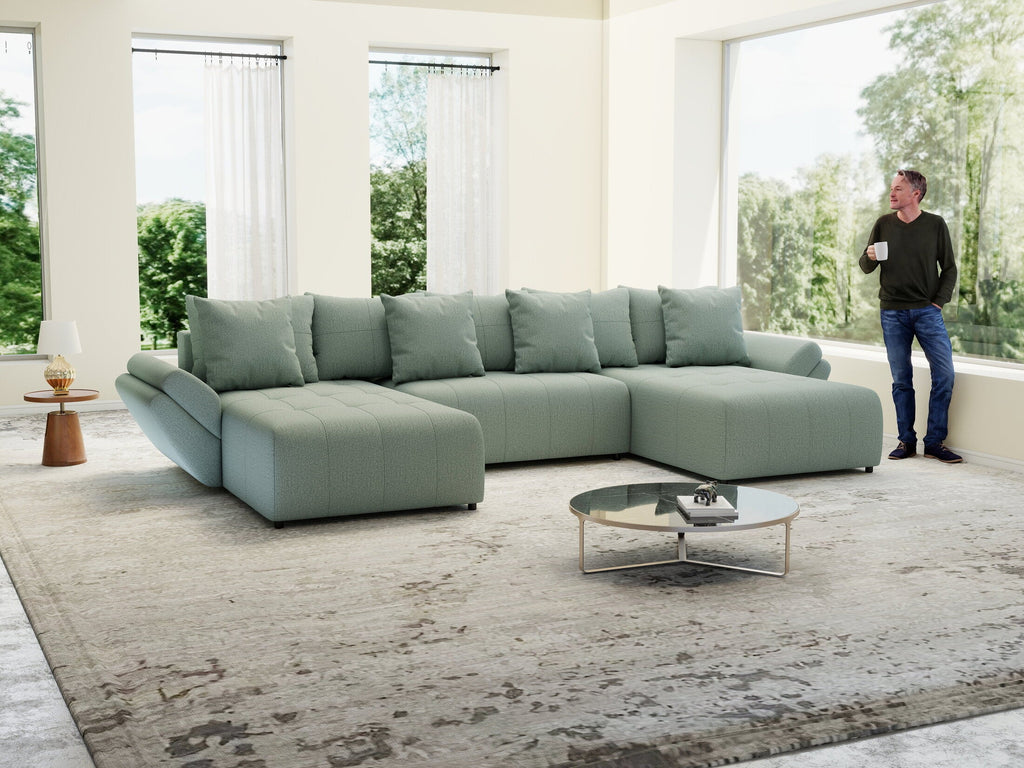 Colțar extensibil dumonde cu ladă de depozitare si sezut confortabil din spuma high-density, Berlin U Enjoy Mint 380x180 cm