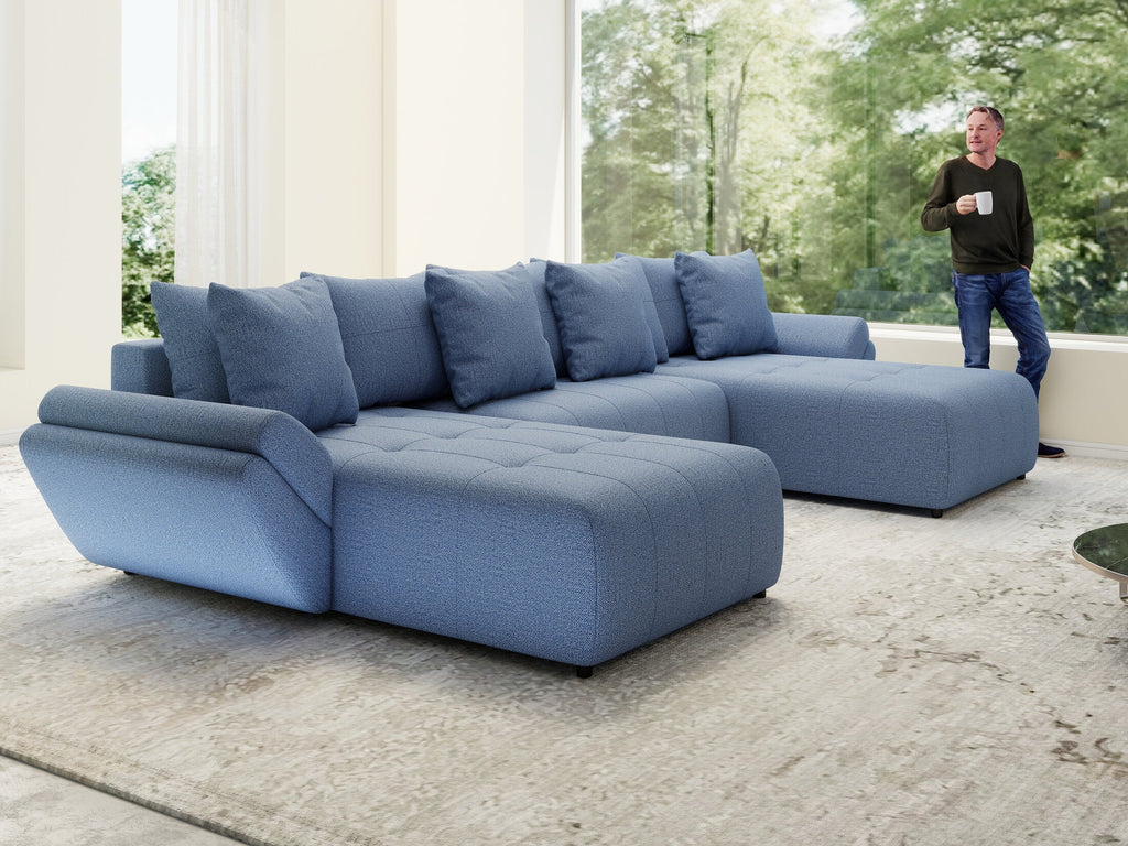 Colțar extensibil dumonde cu ladă de depozitare si sezut confortabil din spuma high-density, Berlin U Enjoy Blue 380x180 cm