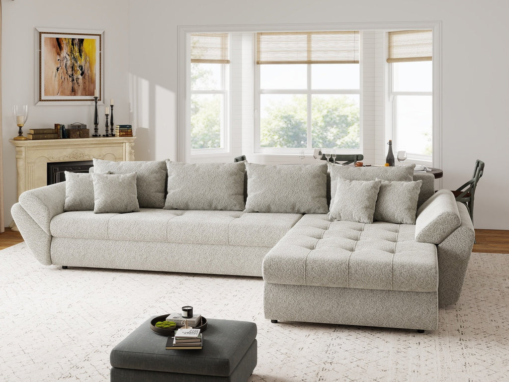 Colțar extensibil dumonde cu ladă de depozitare si sezut confortabil din spuma high-density, Loana XL Arena Bej 20 II 335x185 cm