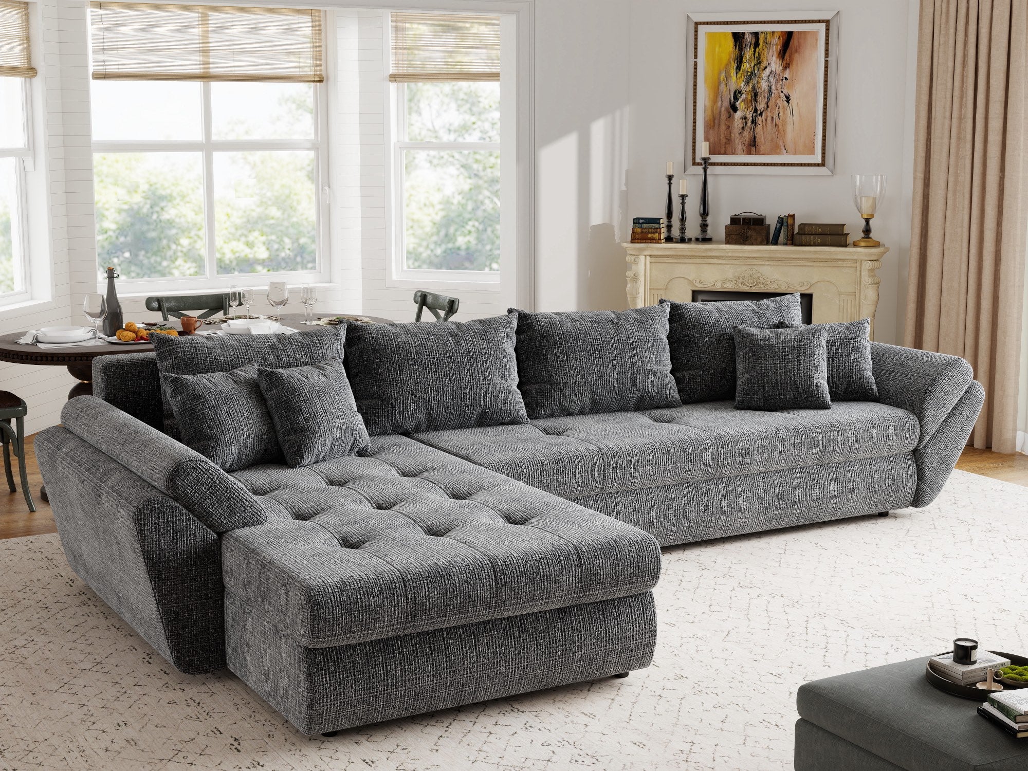 Colțar extensibil dumonde cu ladă de depozitare si sezut confortabil din spuma high-density, Loana XL Cremona Gri 335x185 cm