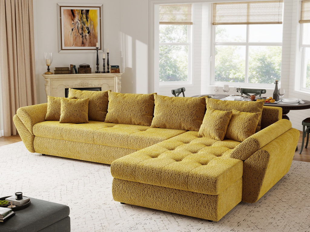 Colțar extensibil dumonde cu ladă de depozitare si sezut confortabil din spuma high-density, Loana XL Jaguar Galben Mustar II 335x185 cm
