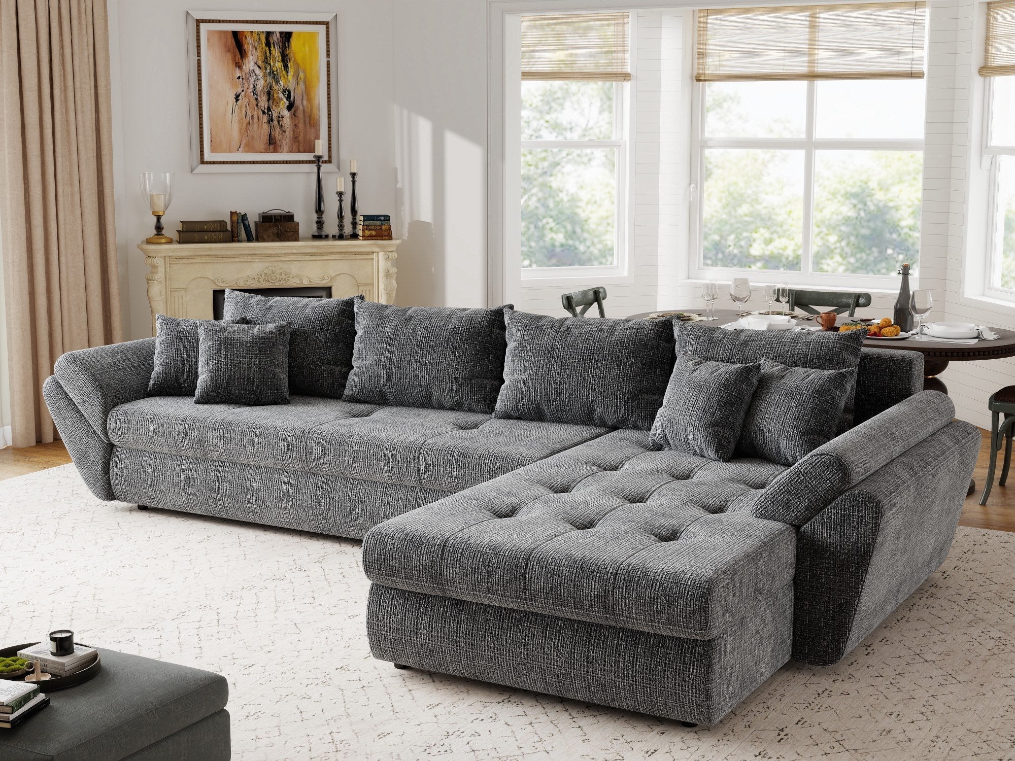Colțar extensibil dumonde cu ladă de depozitare si sezut confortabil din spuma high-density, Loana XL Cremona Gri II 335x185 cm