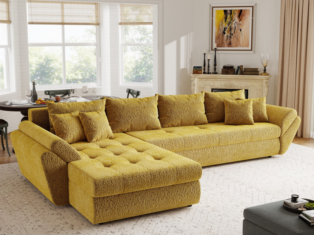 Colțar extensibil dumonde cu ladă de depozitare si sezut confortabil din spuma high-density, Loana XL Jaguar Galben Mustar 335x185 cm