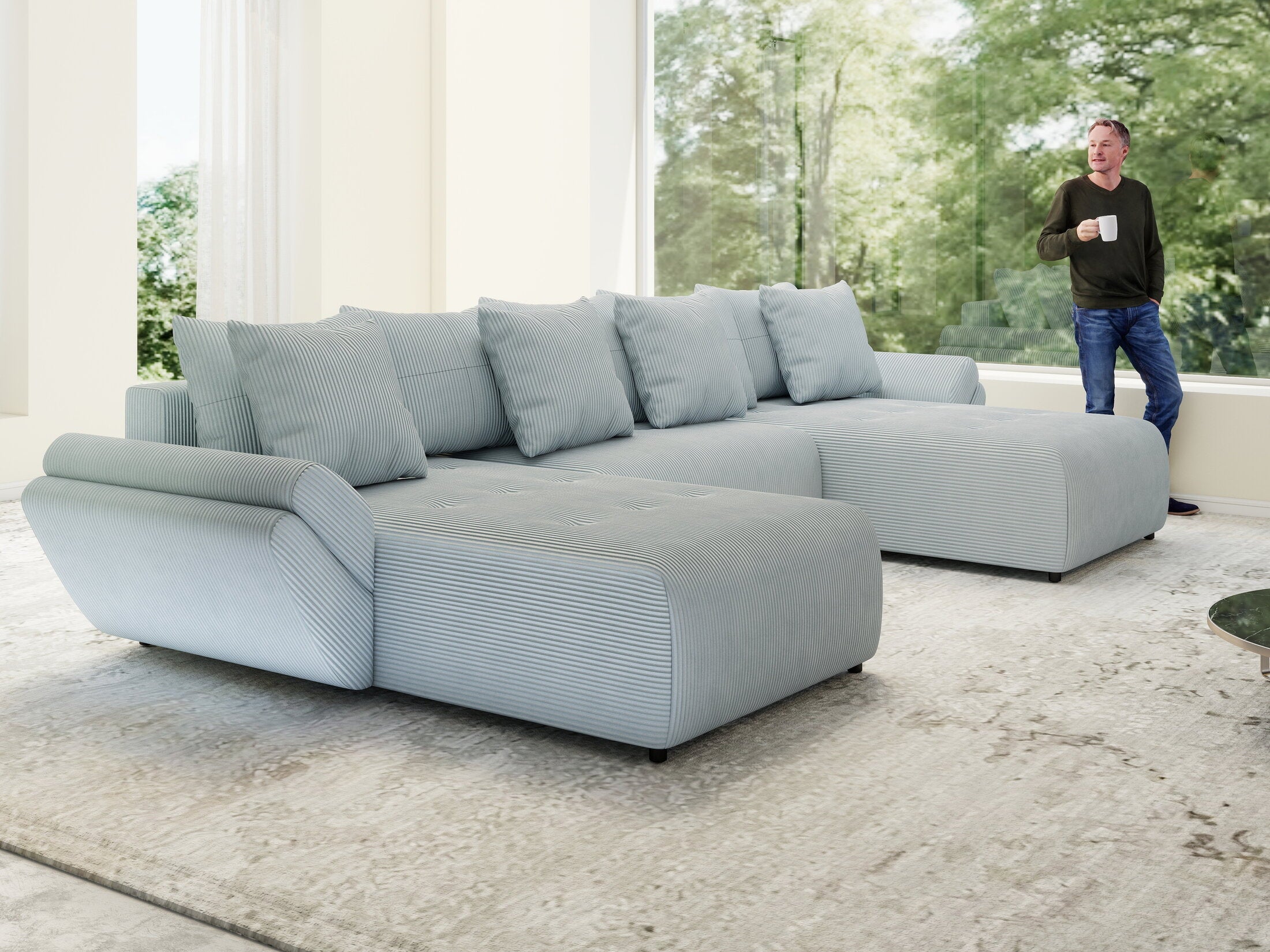 Colțar extensibil dumonde cu ladă de depozitare si sezut confortabil din spuma high-density, Berlin U Zoom GREY 380x180 cm