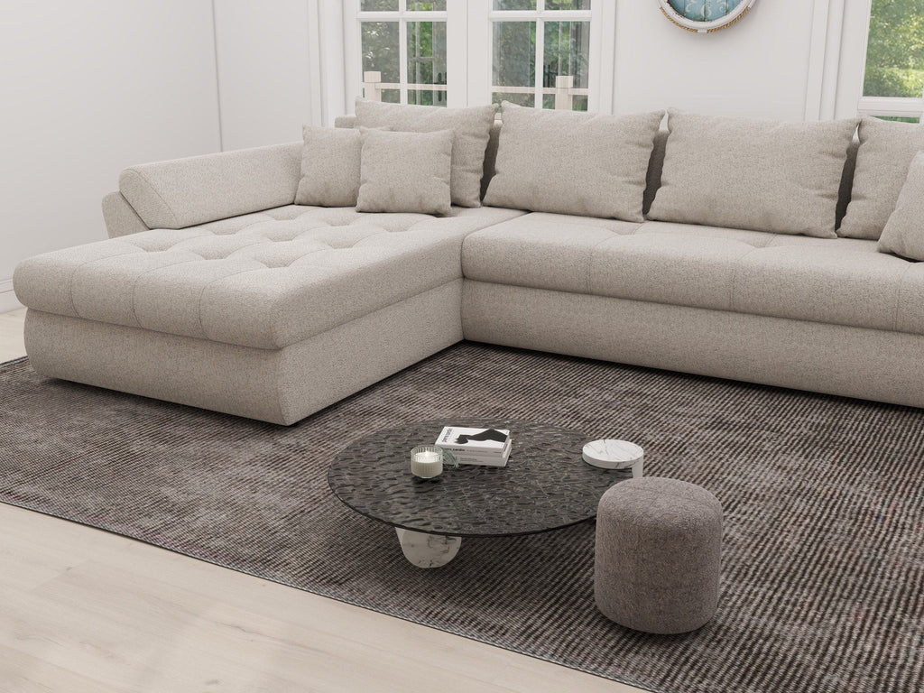 Colțar extensibil dumonde cu ladă de depozitare si sezut confortabil din spuma high-density, Loana XL Monte Bej 335x185 cm