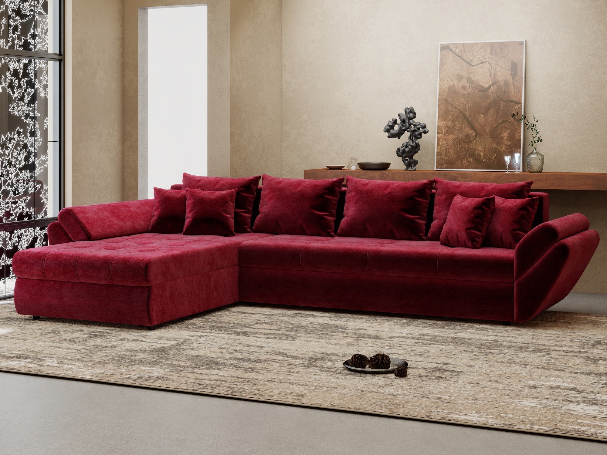Colțar extensibil dumonde cu ladă de depozitare si sezut confortabil din spuma high-density, Loana XL Monolith Rosu 335x185 cm