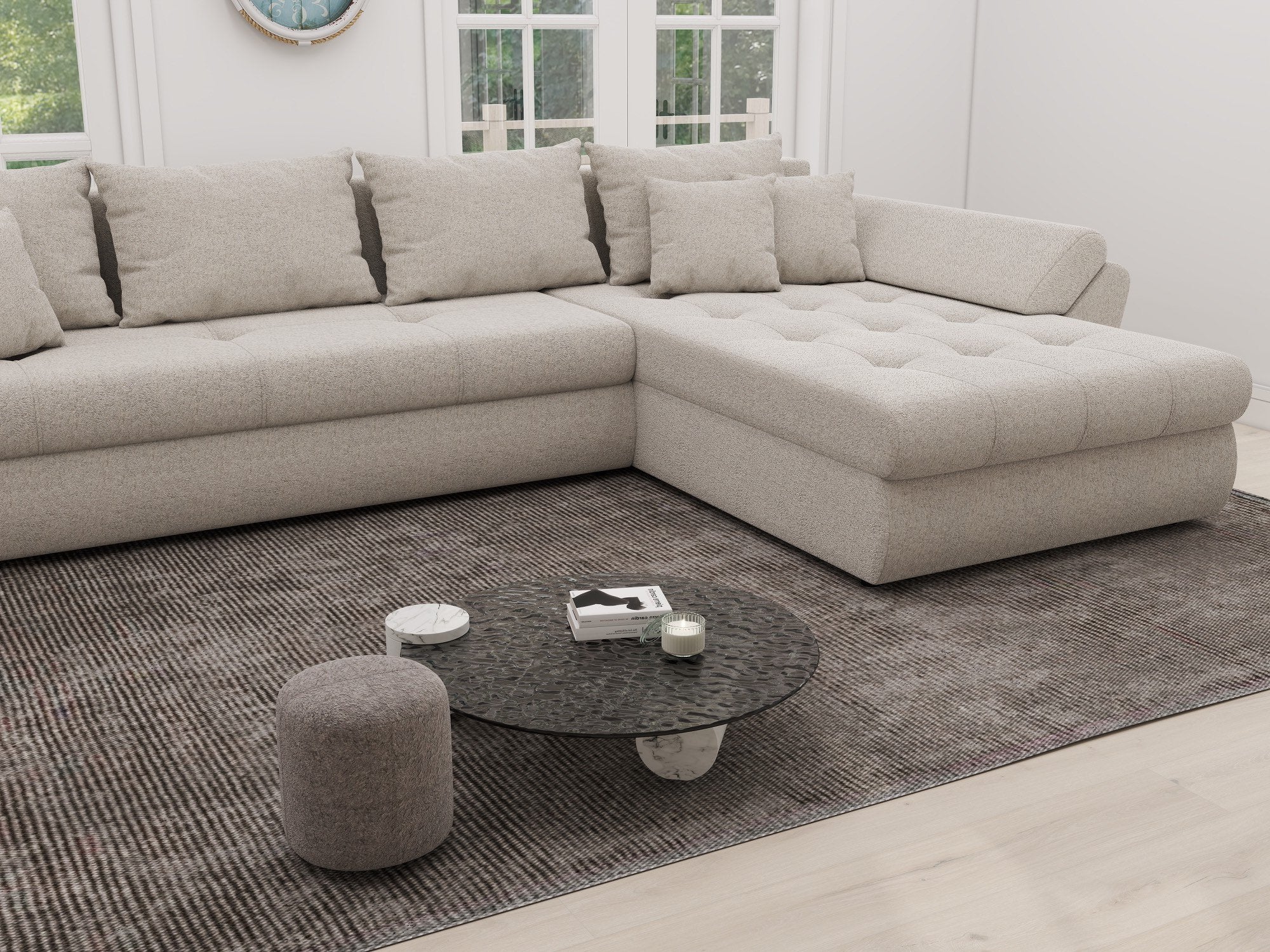 Colțar extensibil dumonde cu ladă de depozitare si sezut confortabil din spuma high-density, Loana XL Monte Bej II 335x185 cm