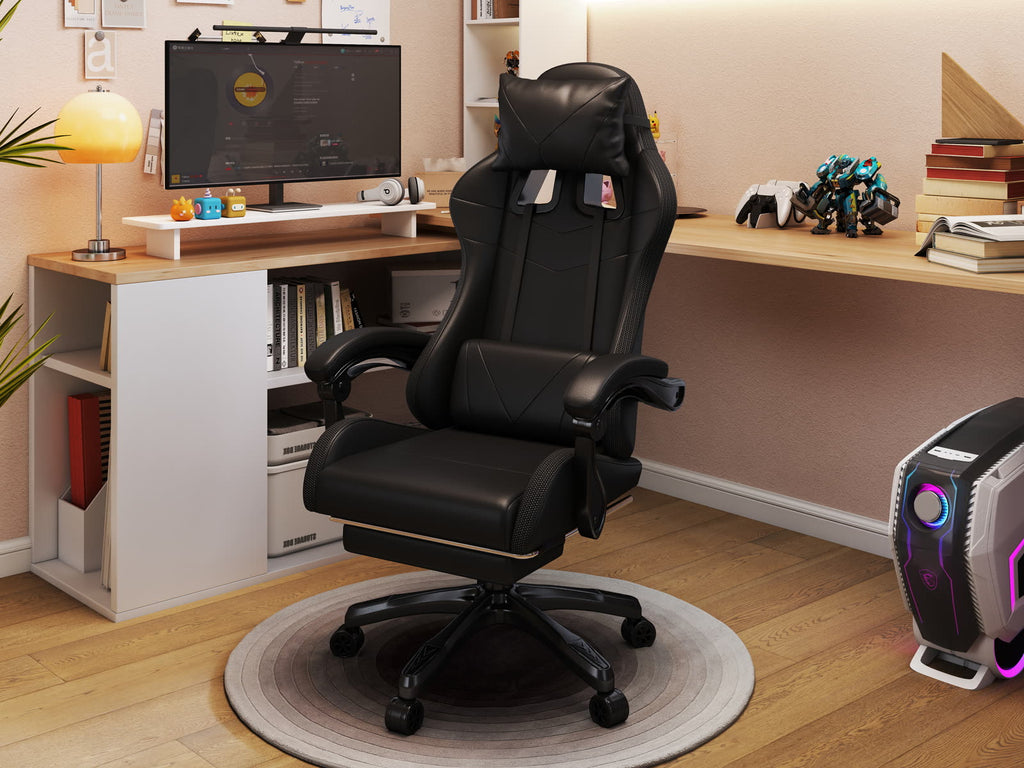 Scaun gaming Dumonde PULSE, LED, mecanism multifuncțional, ecopiele, suport picioare, negru