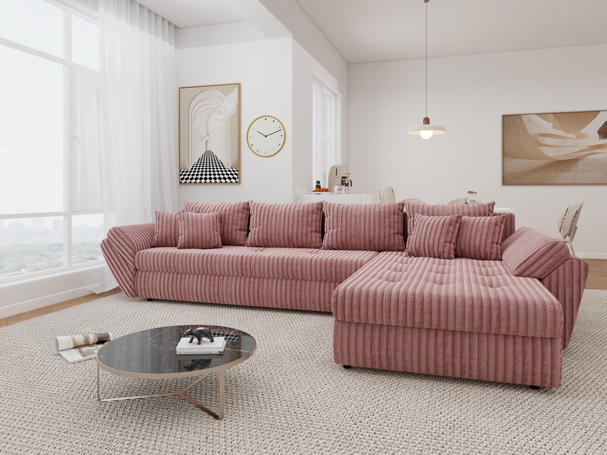 Colțar extensibil dumonde cu ladă de depozitare si sezut confortabil din spuma high-density, Loana XL Tilia Roz Pudrat II 335x185 cm