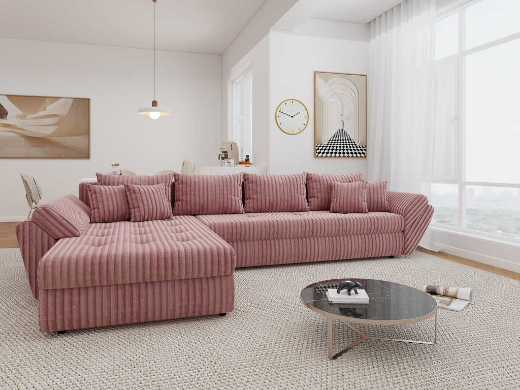 Colțar extensibil dumonde cu ladă de depozitare si sezut confortabil din spuma high-density, Loana XL Tilia Roz Pudrat 335x185 cm