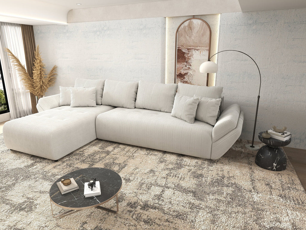 Colțar extensibil dumonde cu ladă de depozitare si sezut confortabil din spuma high-density, Berlin XL Zoom Crem 350x185 cm
