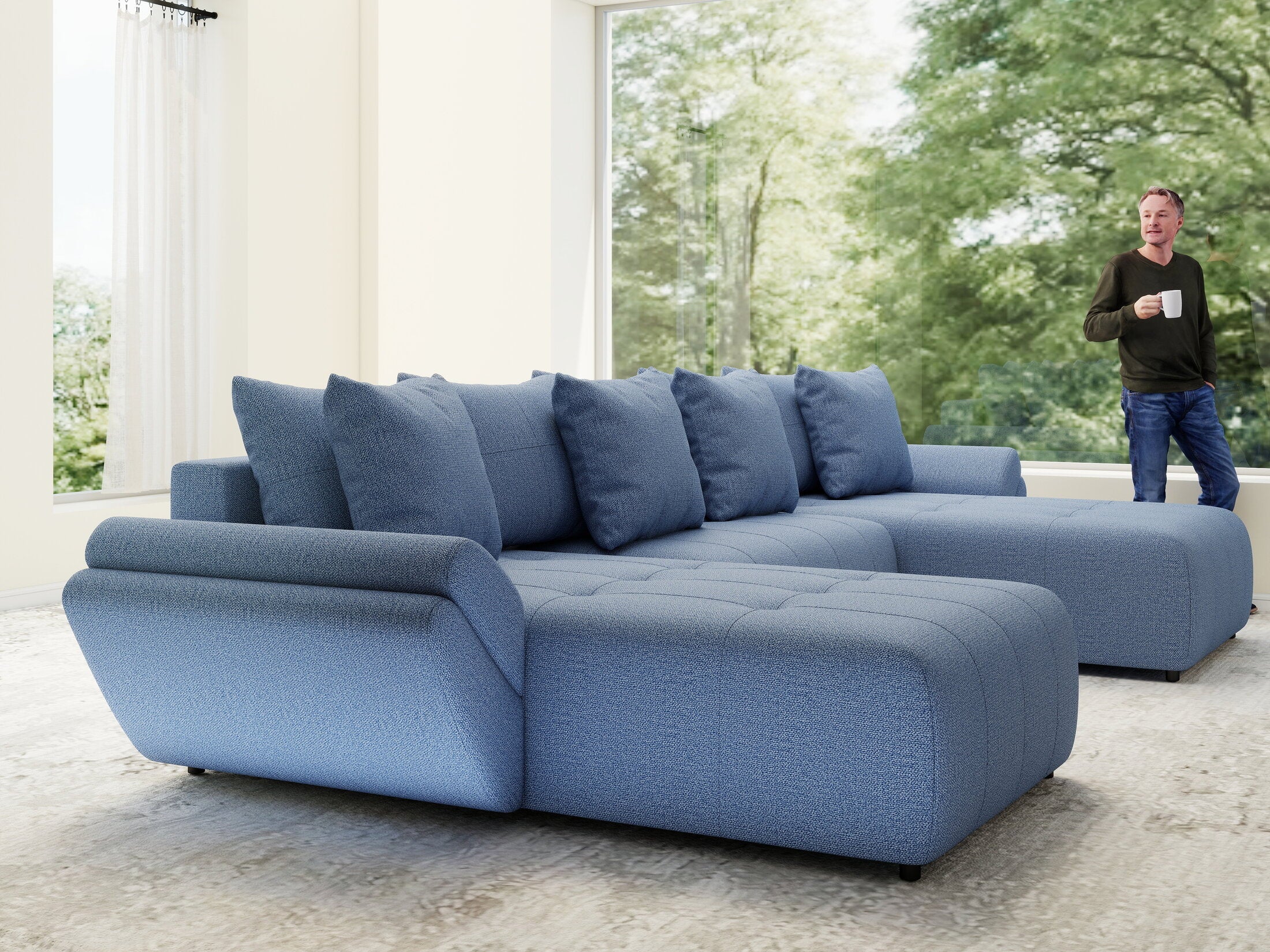 Colțar extensibil dumonde cu ladă de depozitare si sezut confortabil din spuma high-density, Berlin U Enjoy Blue 380x180 cm