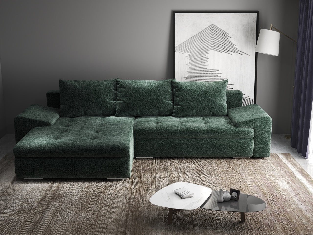 Colțar extensibil dumonde cu ladă de depozitare si sezut confortabil din spuma high-density, Leonardo Euphoria Verde 260x185 cm